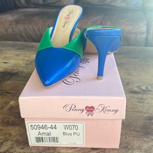 NIB blue/green leather mules 7W